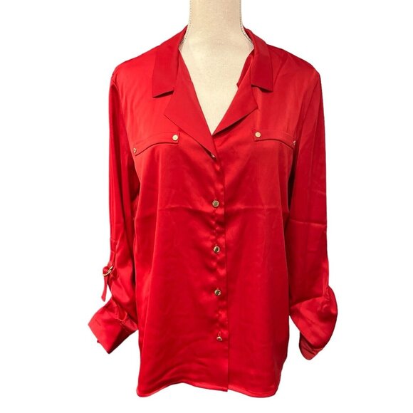 Anne Klein Top Womens‎ M Cherry Red Satin Button Down Blouse Roll Tab Slv Office - Picture 1 of 10